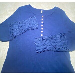 Kancystore Blue Long Sleeve Lace Cuff Top Waffle Knit Button Henley Womens XL